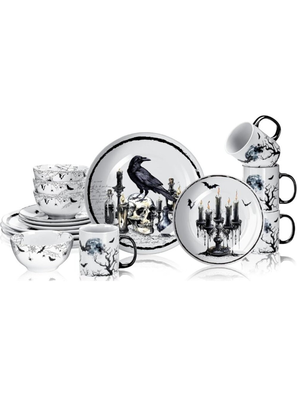 16-Pc Gothic Halloween Dinnerware Set for 4 | Spooky Kitchen Decor & Party Gifts